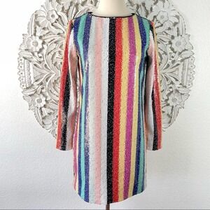 {Mestiza New York} Sequin Rainbow Striped Mini Shift Dress, Size 0